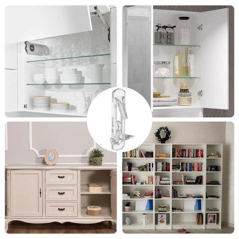 Heavy Duty Clear Shelf Support Pegs With Self Locking Grip For 5/16 Inch Holes And 19/32 Inch Thick Shelves Rock Solid 50 Pack in use with glass shelves and cabinet organization.