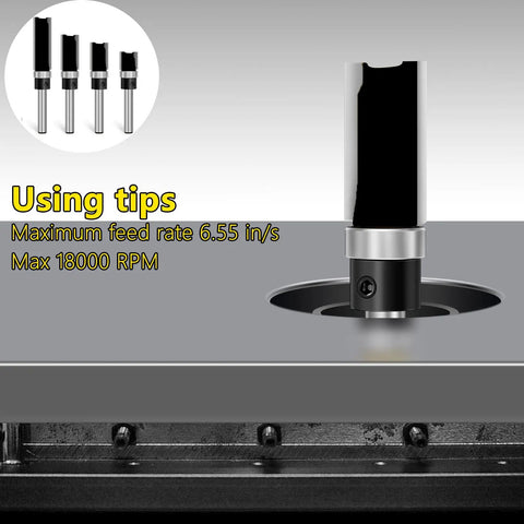 Close-up of 4 Piece Flush Trim Router Bit Set With One Quarter Inch Shank Carbide Tipped Straight Cut Pattern Bits mounted on tabletop router