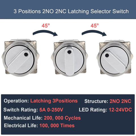 Five Eighth Inch Mini Latching Metal Rotary Switch 12 To 24 V DC LED Illuminated 3 Position Knob Selector DPDT Red LED Light