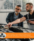 Two men discussing the Heavy Duty Four Pin Car AC Relay Kit with Fast Plug In Terminals for vehicle installation.