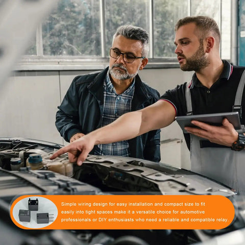 Two men discussing the Heavy Duty Four Pin Car AC Relay Kit with Fast Plug In Terminals for vehicle installation.