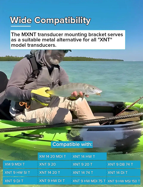 Angler in kayak with fish illustrates Beefy Heavy Duty Metal Transducer Mounting Bracket For Helix 7 Transducers And Si G2N Transom Mounts
