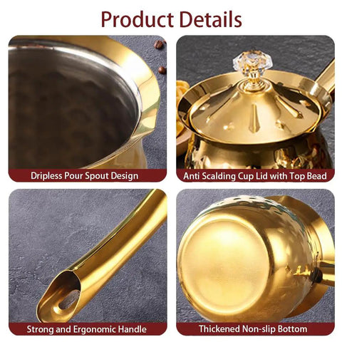 Gold Hammered Stainless Steel Turkish Coffee Cezve 7 Oz 200 Ml Ibrik with Heat Resistant Handle and Lid details