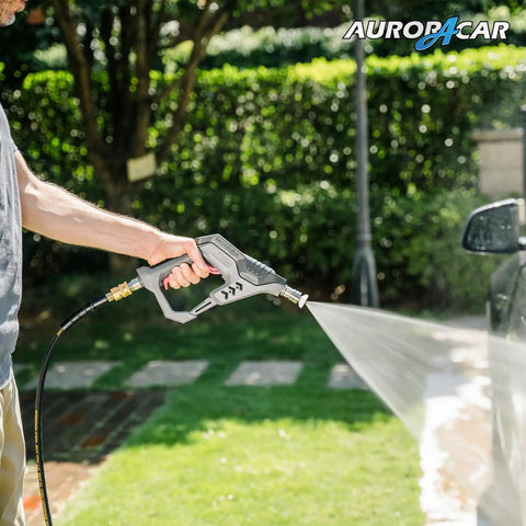 50 Ft Pressure Washer Hose With 3 By 8 Inch Quick Connect, Kink Resistant High Tensile Braided Wire, Heavy Duty Industrial Grade Up To 4200 PSI, Includes M22 14mm Adapters, Durable Reinforced Inner Rubber Tube in use for washing a car