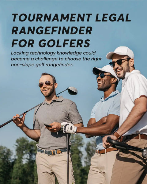 Group of golfers using Top Notch Golf Rangefinder With Flag Lock And Pulse Vibration, on a sunny day.
