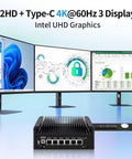 Intel N97 Fanless Mini Computers Networking Appliance Straight Up Easy Setup With Six 2.5GbE LanPorts Plus Ddr5 Ram And Nvme Storage Ready To Hit High Speed Routing And Handle 4K Screens Like A Champ, showing 3 displays and cooling design.