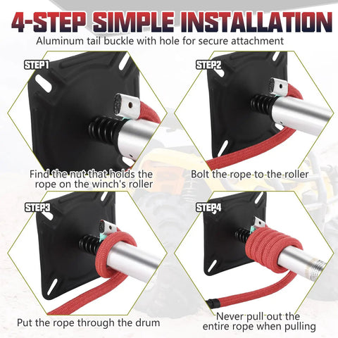 Half Inch By 100 Foot Synthetic Winch Rope Cable Kit For Off Road Trucks And ATVs 32000 Lbs Break Strength Black Protective Sleeve And Forged Hook beefed-up rope installation steps on winch drum