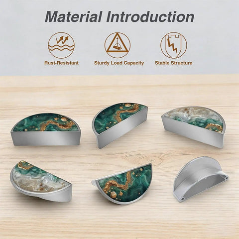 2 Pack Teal Beach Gold Fluid Cabinet Pulls, 3 Inch Hole Center Brushed Nickel Semicircle Drawer Handles arrangement on wood surface