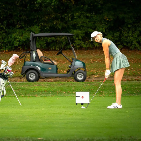 Golfer using X3C Carbon Golf Launch Monitor And Simulator With Full Tracking Radar From Impact To Landing, 50 Plus Data Parameters