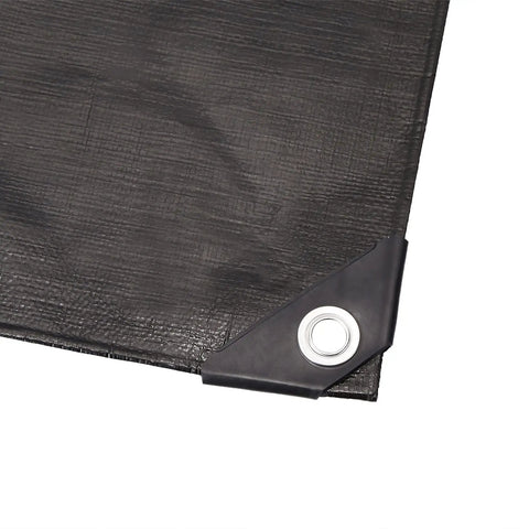 Corner view of Tough As Nails Heavy Duty Black Poly Tarp 6x20 Feet 3 Pack Waterproof Tear Resistant Outdoor Cover with grommet