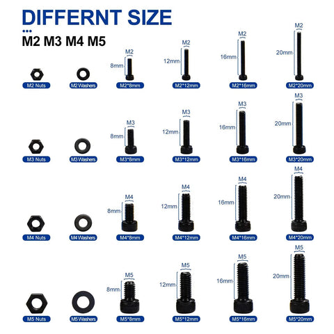 Complete 1060 Pieces Metric Hex Socket Head Cap Screw Bolt Nut Washer Assortment Kit Black 12.9 Grade Carbon Steel Fasteners M2 M3 M4 M5 Hardware Set Includes 4 Allen Wrench Tools For Pro Use showing M2 M3 M4 M5 screws, nuts, and washers.