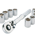Pro Mechanics Tool Set Featuring A Badass Low Profile Ratchet With 72 Teeth And 6 Point Chrome Sockets Built For Crushing Tough Jobs In Tight Spaces Pumping Massive Torque Backed By A Lifetime Warranty Metric Drive Pieces, including ratchet and chrome sockets.