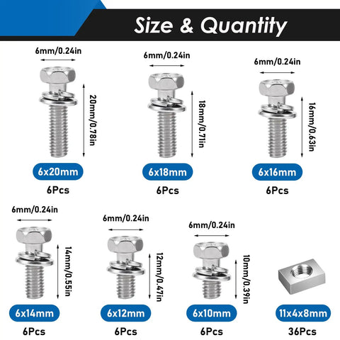 Image showing size and quantity of bolts in 72Pcs Battery Terminal Bolts And Nuts Kit Stainless Steel 304 with M6 to M20 sizes.