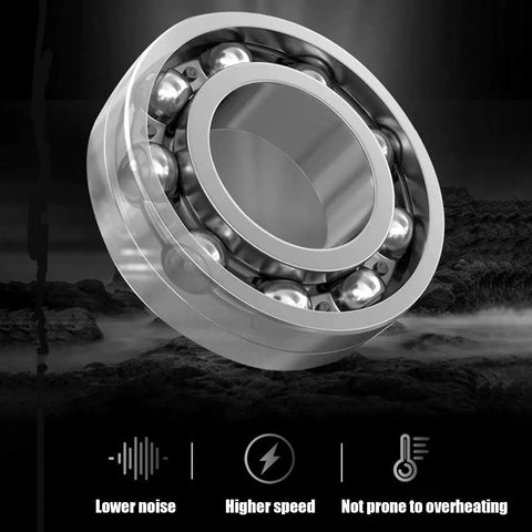 Close-up of a metal ball bearing with lower noise and higher speed signs in front of a rocky background.