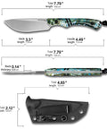 DC53 Steel Outdoor Fixed Blade Go To EDC And Hunting Knife with colorful resin handle and tactical sheath; dimensions shown.