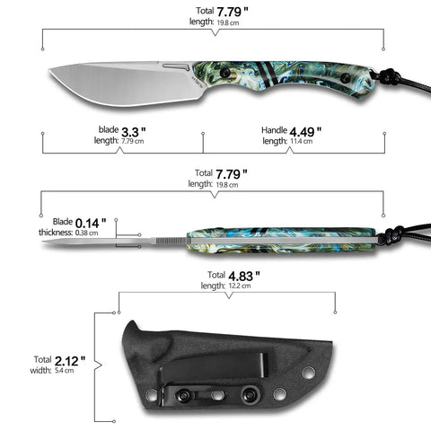DC53 Steel Outdoor Fixed Blade Go To EDC And Hunting Knife with colorful resin handle and tactical sheath; dimensions shown.