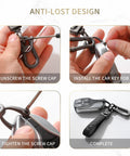 Heavy Duty Leather Carabiner Keychain With 360 Degree Rotating Snap Swivel Anti Lost D Ring And Woven Handmade Strap Microfiber Hand Strap Built For Everyday Carry Boss Level Durability For Men And Women Gunmetal Black shown in a step-by-step key fob installation guide