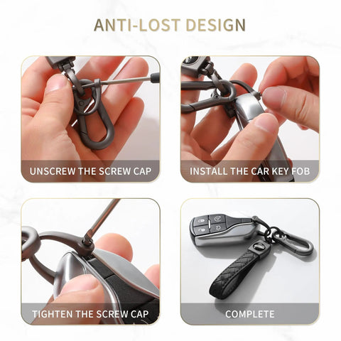 Heavy Duty Leather Carabiner Keychain With 360 Degree Rotating Snap Swivel Anti Lost D Ring And Woven Handmade Strap Microfiber Hand Strap Built For Everyday Carry Boss Level Durability For Men And Women Gunmetal Black shown in a step-by-step key fob installation guide