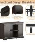 Functional design of Hidden Motorized TV Lift Cabinet for 55-65 inch Televisions with storage in walnut finish, showing features.