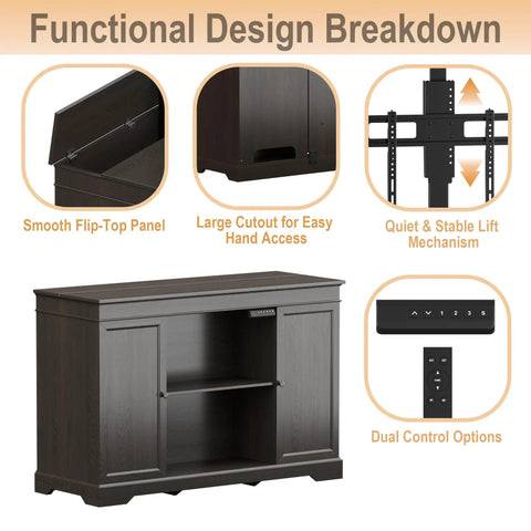 Functional design of Hidden Motorized TV Lift Cabinet for 55-65 inch Televisions with storage in walnut finish, showing features.