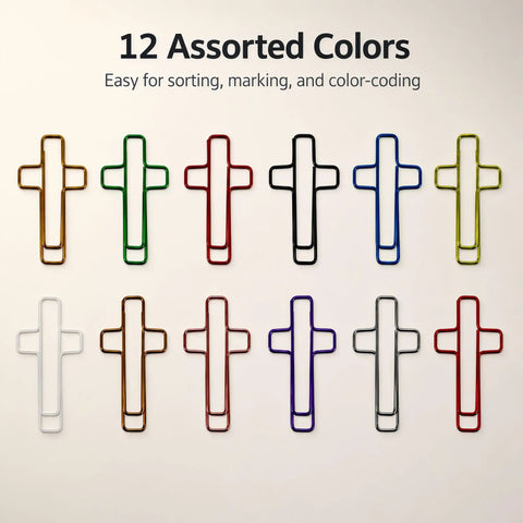 Cross Paper Clips Set Featuring 120 Multicolor Metal Bookmark Clips in 12 colors displayed for Christian Journaling and Office Use.