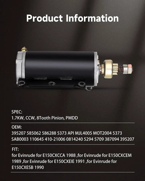Heavy Duty 12V Outboard Starter For 150 To 235 HP Boats And Motors Easy Install 8-Tooth Pinion Direct Replacement For 2-Stroke Marine Engines Built To Last No Fuss Cranking Power And Smooth Starts shown with product specifications text