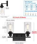 Industrial Two Light Black Wall Sconce with Clear Glass Shade and Metal Base, dimensions shown, E26 base compatible, LED/CFL use