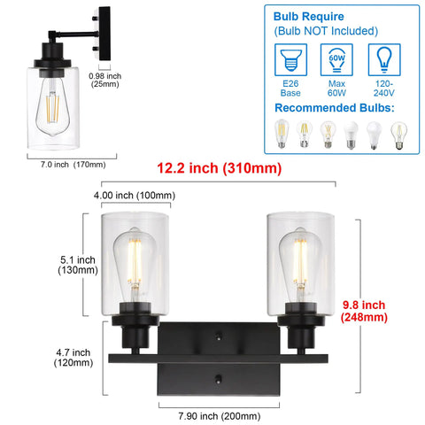 Industrial Two Light Black Wall Sconce with Clear Glass Shade and Metal Base, dimensions shown, E26 base compatible, LED/CFL use