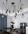 Five Head Adjustable Industrial Pendant Light With Vintage Spider Design in dining room setting.