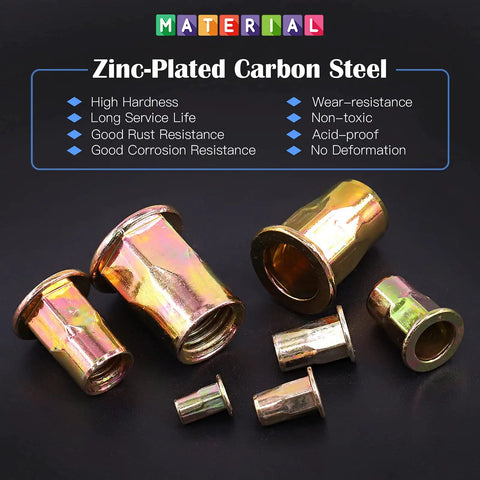 Zinc-plated carbon steel rivet nuts from 230 Piece Rivet Nut Kit M3 Through M12 with Half Hex Body Flange Rivet Nuts Set