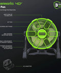 40V 10 Inch Hybrid Fan With 5 Speed Settings And 360 Degree Rotating Head Delivering Up To 785 CFM Airflow Cordless And AC DC Power Charger Included Battery Not Included Perfect For Garage Workshop And Home Use showing fan details and AC adapter.