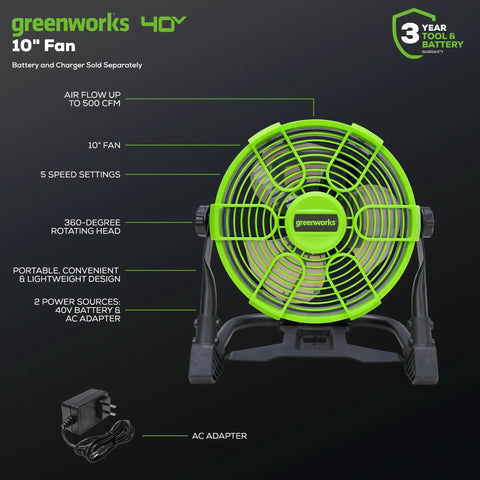 40V 10 Inch Hybrid Fan With 5 Speed Settings And 360 Degree Rotating Head Delivering Up To 785 CFM Airflow Cordless And AC DC Power Charger Included Battery Not Included Perfect For Garage Workshop And Home Use showing fan details and AC adapter.