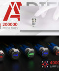 12V Momentary Horn Push Button Switch With 19mm Mounting Hole Three Quarters Inch SPDT 1NO 1NC shown with durability and LED colors