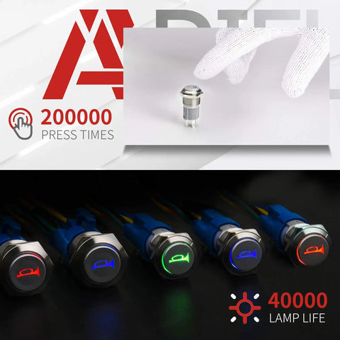 12V Momentary Horn Push Button Switch With 19mm Mounting Hole Three Quarters Inch SPDT 1NO 1NC shown with durability and LED colors