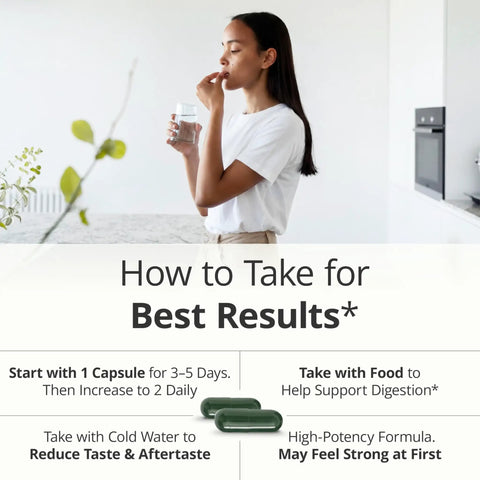 Woman taking Women's Daily Multivitamin For Energy, Focus, And Immunity With CoQ10 And Panax Ginseng, instructions below