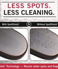 Providence Spring Toilet Paper Holder Wall Mounted With SpotShield Venetian Bronze Finish shows surface comparison with and without SpotShield technology to resist water spots and fingerprints.