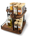 Two Tier Wooden Spice Rack Organizer With 360 Degree Rotating Lazy Susan, holding jars and bottles on pine wood shelves