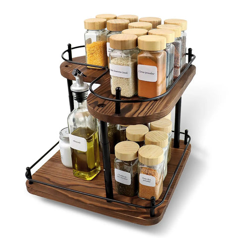 Two Tier Wooden Spice Rack Organizer With 360 Degree Rotating Lazy Susan, holding jars and bottles on pine wood shelves