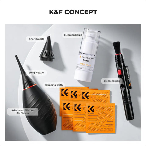 10 In 1 Camera Lens Cleaning Kit For DSLR And Digital Cameras with air blower, nozzles, cleaning liquid, cloths, and pen.