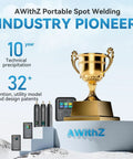AWithZ portable spot welding trophy with product lineup highlighting 10 years of innovation and 32 design patents.