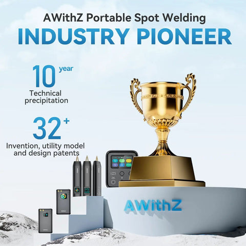 AWithZ portable spot welding trophy with product lineup highlighting 10 years of innovation and 32 design patents.