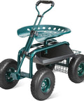 Green Garden Cart Rolling Workseat With Wheels 360 Degree Swivel Gardening Stool for Planting with steering handle and tool tray.
