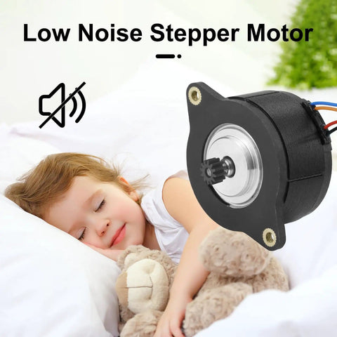 Low noise stepper motor next to a sleeping child holding a stuffed toy, showcasing quiet operation of the motor.