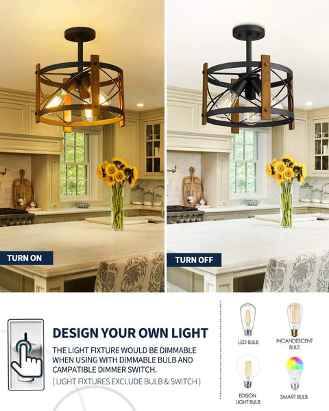 Three-Light Farmhouse Semi Flush Mount Ceiling Light With Dope Walnut Wood And Matte Black Finish, 13 Inch Open X-Brace Barn Style Fixture, dimmable, shown turned on and off in a kitchen setting