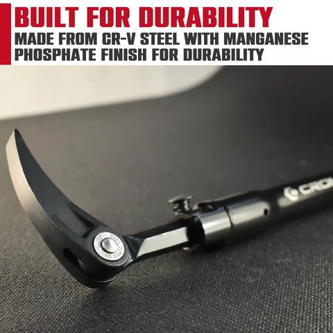 Close-up of Extendable Telescoping Pry Bar With Adjustable Indexing Positions That Give Straight Up Heavy Duty Leverage To Kick Rusted Bolts Free In Cramped Spots A Badass Shop Tool Every Pro Wants For Zero Sweat Pulling Power On Tough Jobs Daily showcasing the CR-V steel head and manganese phosphate finish.