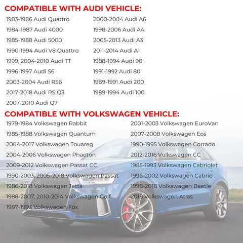 List of Audi and Volkswagen models compatible with Engine Oil Filler Cap Replacement, including A4, Q7, Passat, Jetta.