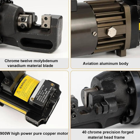 Etsuosy Portable Hydraulic Rebar Cutter close-up showing chrome blade, aluminum body, and motor details for steel rod cutting.