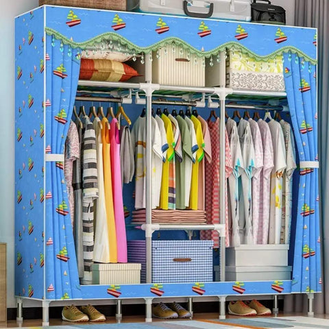 Built Different Heavy Duty Canvas Wardrobe Closet With Thick 25Mm Steel Pipes And Top Shelf Hanging Rod, Washable Breathable Shell, Foldable Roomy Storage Organizer For Clothes Shoes And Gear, Straight Up Easy Setup with open shelves and hanging garments.