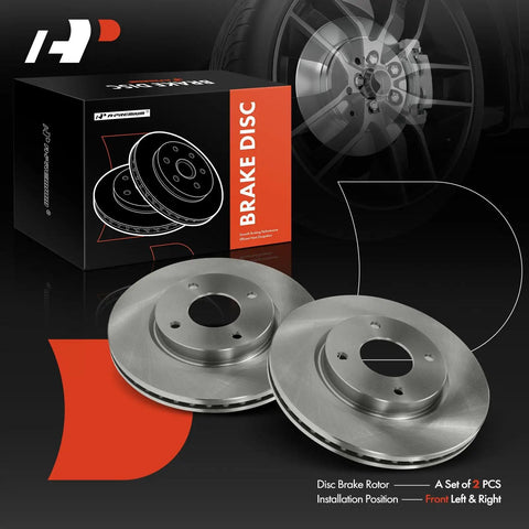 Heavy Duty Front Vented Disc Brake Rotors Two Pack Measures 11.02 Inches fits Nissan Cube Sentra Versa 2007 To 2014, displayed with packaging.