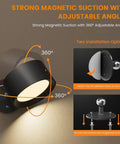 Rechargeable Battery Operated Wall Sconce Twin Pack With 3 White And 13 RGB LED Lights showing magnetic 360 degree rotating mount